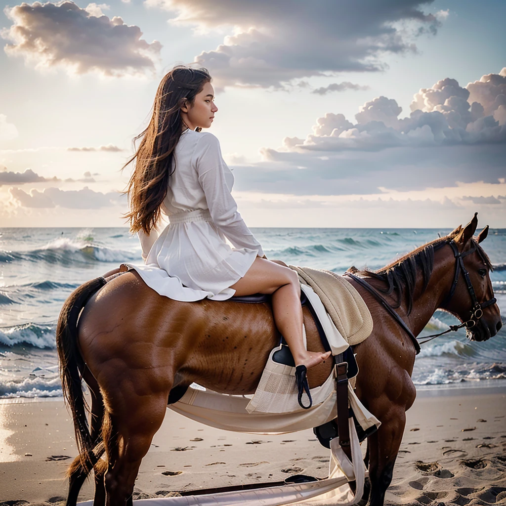 Create a very realistic and beautiful model with the following detailed features: Gender: Female, Age: Young adult (approximately 20-25 years old), Hair: Long, wavy and reddish with a natural shine, gently cascading around the shoulders and back back. . . . . . . . . . . . . . . , Eyes: Bright green with a captivating, slightly almond-shaped look, detailed with natural highlights, Skin: Fair complexion with a light texture, including natural freckles on the nose and cheeks, giving a youthful and vibrant appearance: Fair complexion with a light texture, including natural freckles on the nose and cheeks, giving a youthful and lively appearance, Face: with a smooth and natural contour, soft and full lips with a slight pinkish tint and a slightly delicate upturned nose, Expression : a sweet face, with a touch of mischief, which transmits warmth and accessibility,
Clothing: in a white dress and sunglasses, wearing a white dress, a white dress, a white dress, a white dress and glasses, a simple white dress, a silky white dress, fashionable white clothes, a Girl in white dress, wears white clothes, Girl in white dress, smooth white bodycon dress, wears elegant outfit, haute couture chic, All white, a realistic scene featuring a woman riding a horse on a beach, She is sits gracefully in the saddle in a relaxed posture, his hands gently holding the reins. The horse, a majestic brown stallion with a smooth, shiny coat, trots along the shore, its mane flowing in the wind. The scene takes place at sunset, with the sky painted in warm hues of orange, pink and purple, Waves gently lap the shoreline, and in the background you can see the endless expanse of ocean meeting the horizon, The beach is sparsely populated, with only a few distant figures visible, adding to the serene and peaceful atmosphere, The footprints of the horse and rider are visible in the wet sand, creating a sense of movement and direction.. aesthetic, Unsplash, Neoclassicism, Complex background, Best quality, h