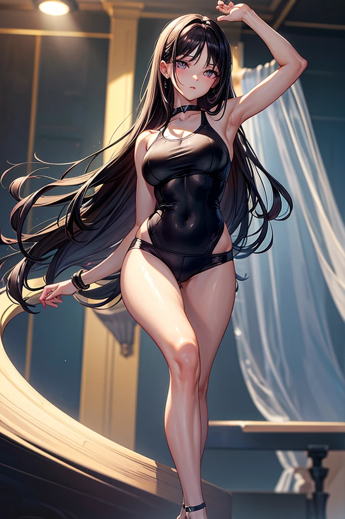 top-quality、Top image quality、​masterpiece、girl with((18year old、Best Bust、big bast、Bust 85,Beautiful blue eyes、Breasts wide open,Long black hair tied、A slender、Large valleys、black bikinis、sweating)）hiquality、Beautiful Art、Background with((Sauna room、steam)))masutepiece、visualart、depth of fields、