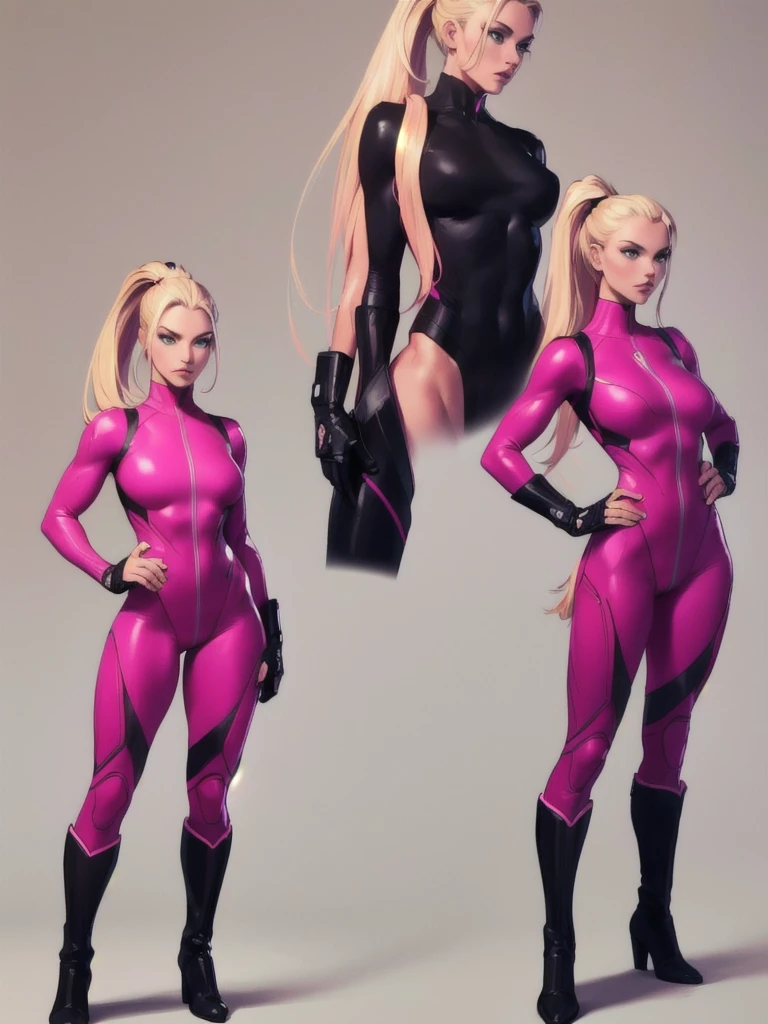 ((best quality)), ((4k)), ((highres)), ((masterpiece:1.2)). ((detailed)), ((ultra realistic)), ((intricate details)), ((full body picture)), ((character design sheet)), ((blank background)), ((standing in a blank background)), full body shot of a beautiful european female, blond beauty, about 21 years old, rosy white skin, red lips, bright smile on her face, about 5'6 ft. tall, perfect face, gorgeous face, blond hair, vivid green eyes, detailed lips, detailed eyes, long ponytail, athletic body, dressed in a skin-tight dark pink bodysuit ((emphasis on her skin-tight dark pink bodysuit)), black boots, ((black boots)), superhero character concept art, lean body frame.