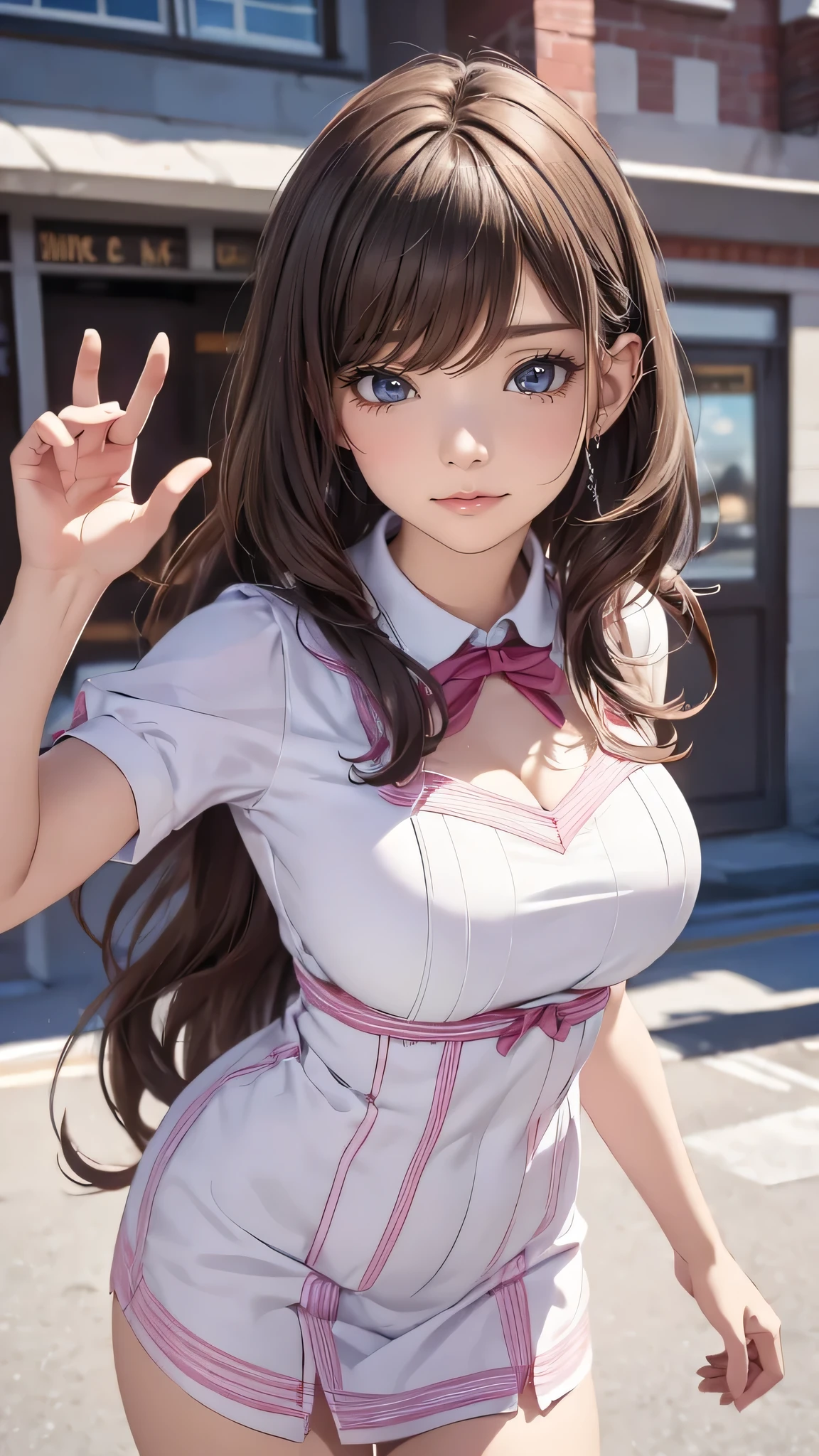 looking at viewer,high school girl,leaning forward,(random pose),(Thin type),(large breasts),(random hairstyle),(Highest image quality, (8K), Ultra-realistic, Best Quality, High quality, High Definition, high quality texture, high detailing, Beautiful detailed, fine detailed, extremely details CG, Detailed texture, realistic representation of face, masterpiece, presence)