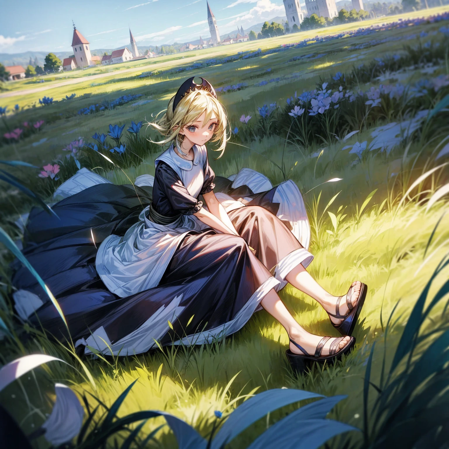 1childern girl, Full body version, 1character, black eyes, long Frizzy haircut, blue colour hair, maid clothing, long dress clothing, headband, sandals, Grassroots, full background in field town, motion blur, lighting, (one piece art), sitting poses,