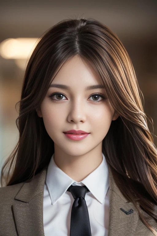 table top, highest quality, realistic, Super detailed, finely, High resolution, 8k wallpaper, 1 beautiful woman,, light brown messy hair, wearing a business suit, sharp focus, perfect dynamic composition, beautiful and detailed eyes, thin hair, Detailed realistic skin texture, smile, close-up portrait, model body shape