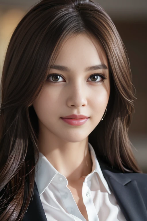 table top, highest quality, realistic, Super detailed, finely, High resolution, 8k wallpaper, 1 beautiful woman,, light brown messy hair, wearing a business suit, sharp focus, perfect dynamic composition, beautiful and detailed eyes, thin hair, Detailed realistic skin texture, smile, close-up portrait, model body shape