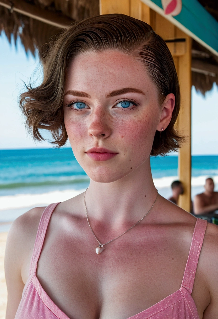 Muscular college girl with large breast and a large butt, blue eyes, pale skin, freckles and a nose piercing with a short slicked back men’s haircut with both sides of her head shaved wearing a pink sundress at a beach bar