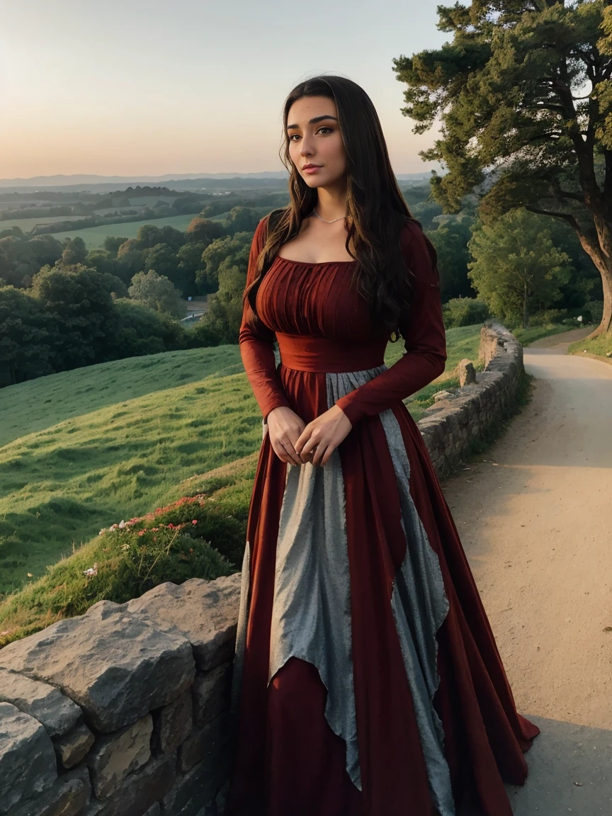 Gorgeous and sultry busty athletic (thin) brunette queen with sharp facial features wearing a modest updo, dark red medieval dress, long sleeves, intricate patterns, scrollwork, wide neck, crown, veil, long dress, modest dress, tight bodice, (silver waist chain), medieval jewelry, Middle Ages, castle, rampart, wall, exterior, on top of a castle wall, trees, countryside, evening, sunset.