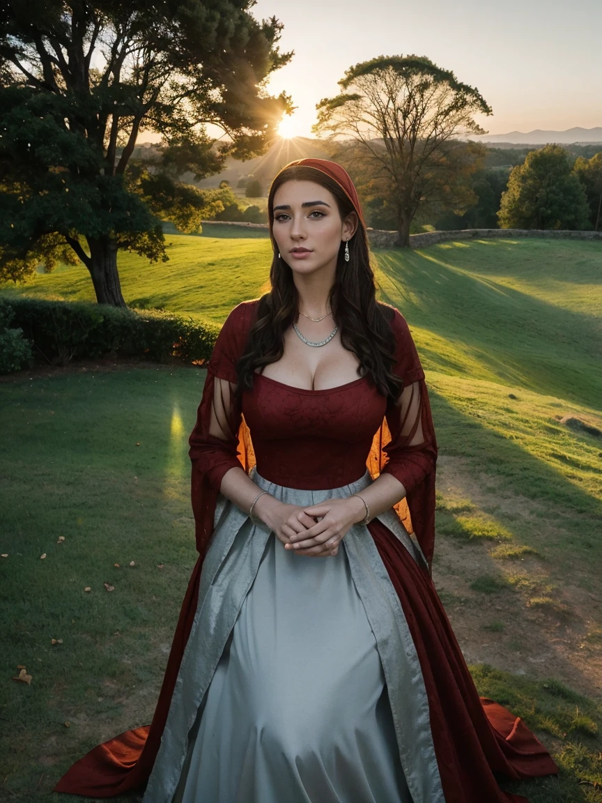 Gorgeous and sultry busty athletic (thin) brunette queen with sharp facial features wearing a modest updo, dark red medieval dress, long sleeves, intricate patterns, embroidery, wide neck, crown, veil, long dress, modest dress, tight bodice, (silver waist chain), medieval jewelry, Middle Ages, castle, rampart, wall, exterior, on top of a castle wall, trees, countryside, evening, sunset.