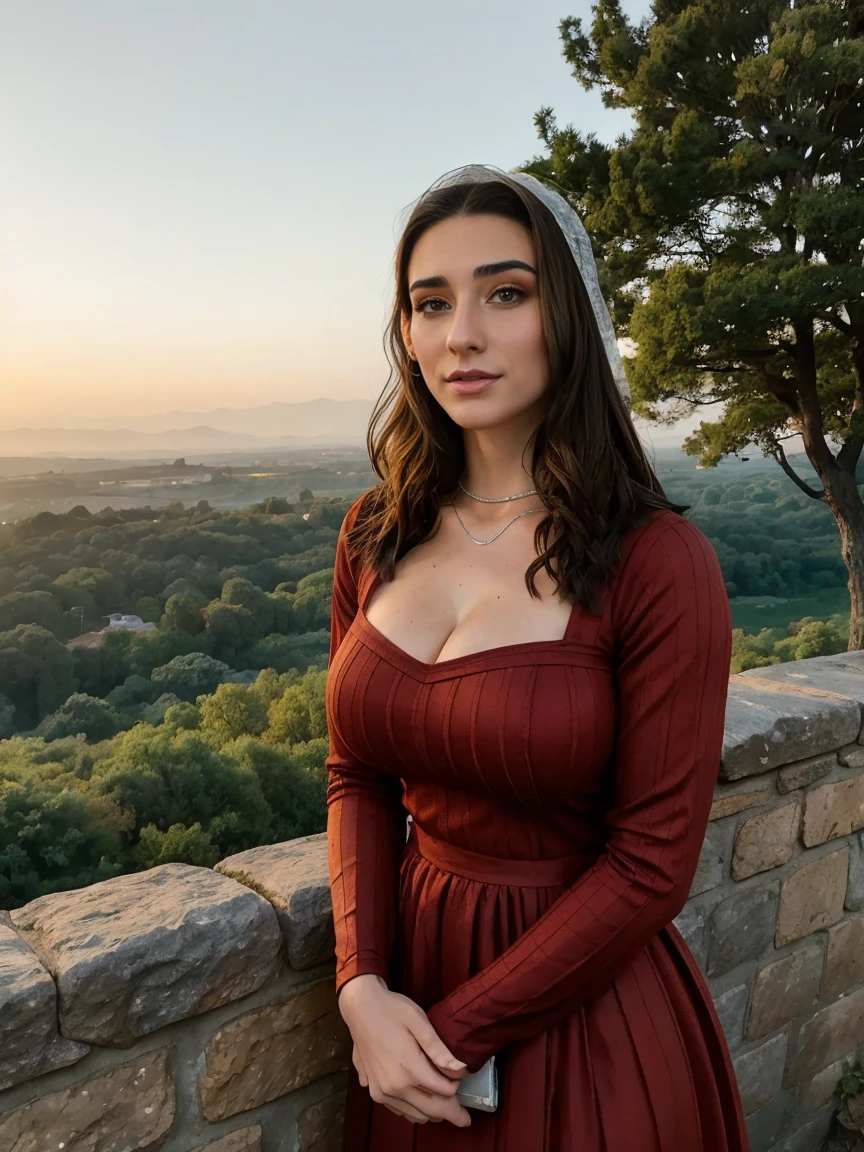 Gorgeous and sultry busty athletic (thin) brunette queen with sharp facial features wearing a modest updo, dark red medieval dress, long sleeves, intricate patterns, scrollwork, wide neck, crown, veil, long dress, modest dress, tight bodice, (silver waist chain), medieval jewelry, Middle Ages, castle, rampart, wall, exterior, on top of a castle wall, trees, countryside, evening, sunset.