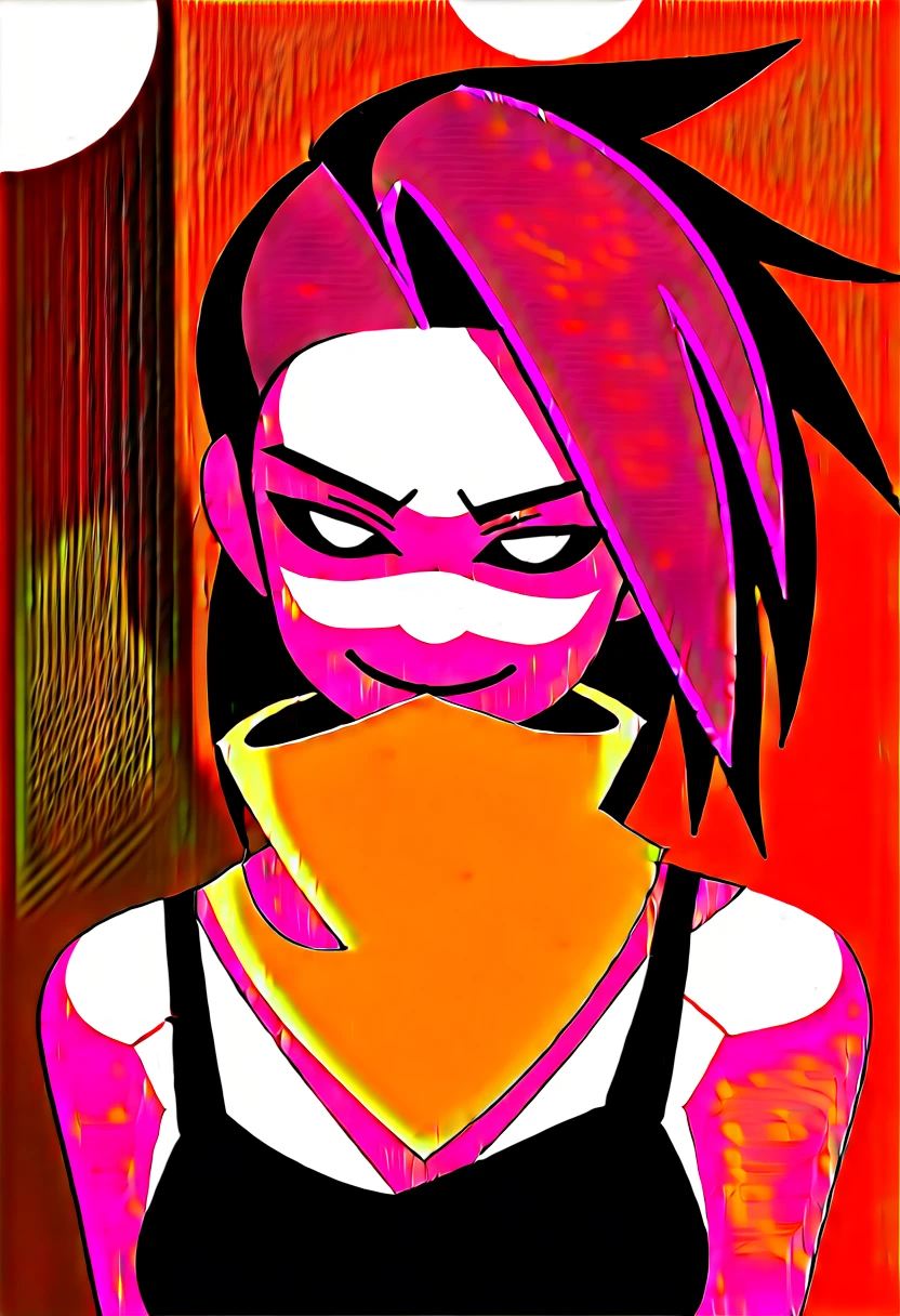 (Anime, 1girl, brown hair, grey eyes, dark punk clothes, black tank top, yellow bandana, portrait, Robot girl, Mecha, Android, joint limbs, robot joints, facial joints, metal pale skin, black sclera, no mouth, glowing eyes, no face, smug face, evil), score_9, score_8_up, score_7_up