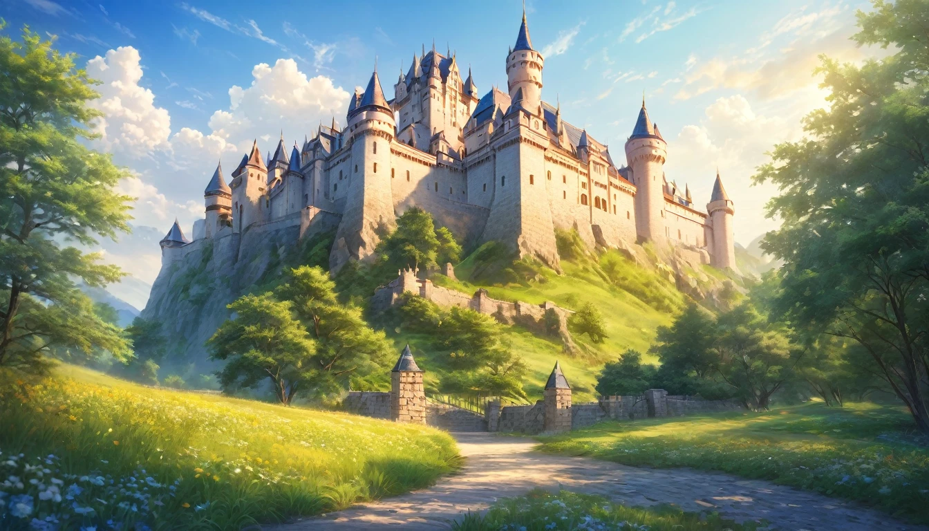 Western-style castle,nature,Summer sky,Blur the background,Highest quality, 8k, High resolution, masterpiece:1.2, Very detailed, Realistic:1.37, High resolution, 超High resolution, Ultra-fine painting, Very detailed, Professional, Vibrant colors