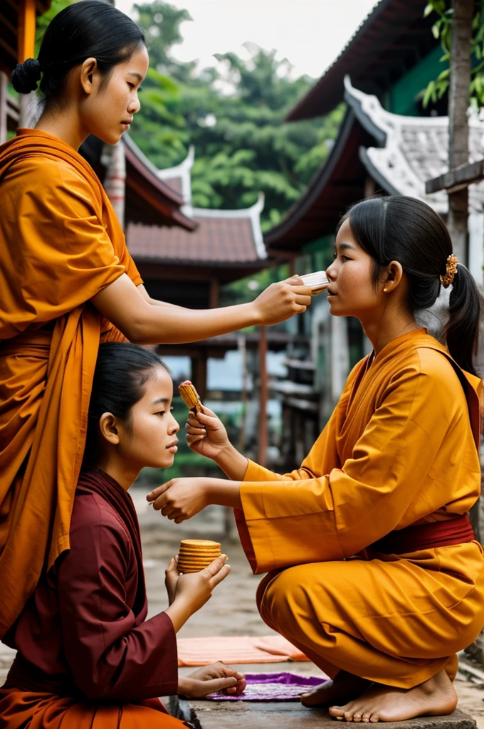 A young woman in Thai clothing makes merit by giving alms to monks.