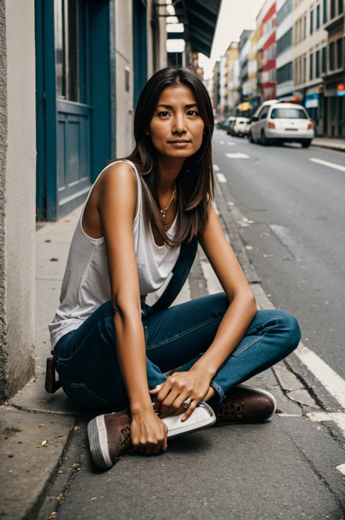 A starving woman sits on the street