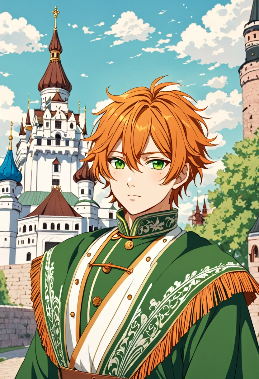 Anime boy (character: Akito Shinonome), orange messy hair, fringe reparted in three parts with a yellow lock of hair on the middle, light and bright green eyes, vintage royal Russian clothes, Russian castle background