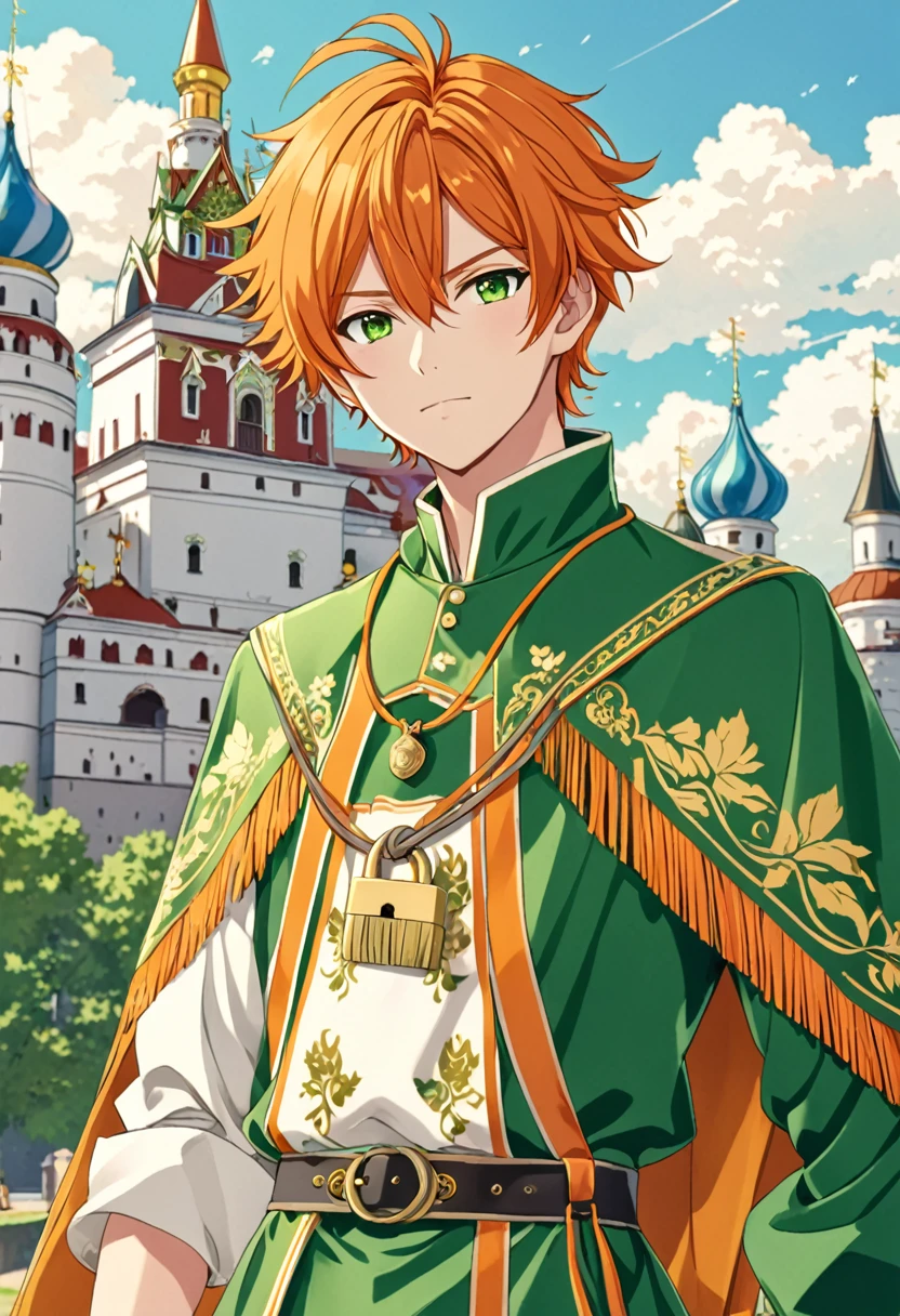 Anime boy (character: Akito Shinonome), orange messy hair, fringe reparted in three parts with a yellow lock of hair on the middle, light and bright green eyes, vintage royal Russian clothes, Russian castle background