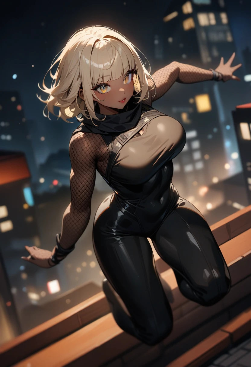 1girl,solo,super detailed skin,shiny skin,black skin,tanned skin,natural face,pale blonde hair,short hair,blunt bangs,beautiful detailed eyes,eyelashes,lips gloss,large breasts,fullbodysuit,fishnet arms,ninja clothes ,jumping ,night rooftop ,wide shot,masterpiece,best quality,ultra detailed,high resolution,sharp focus