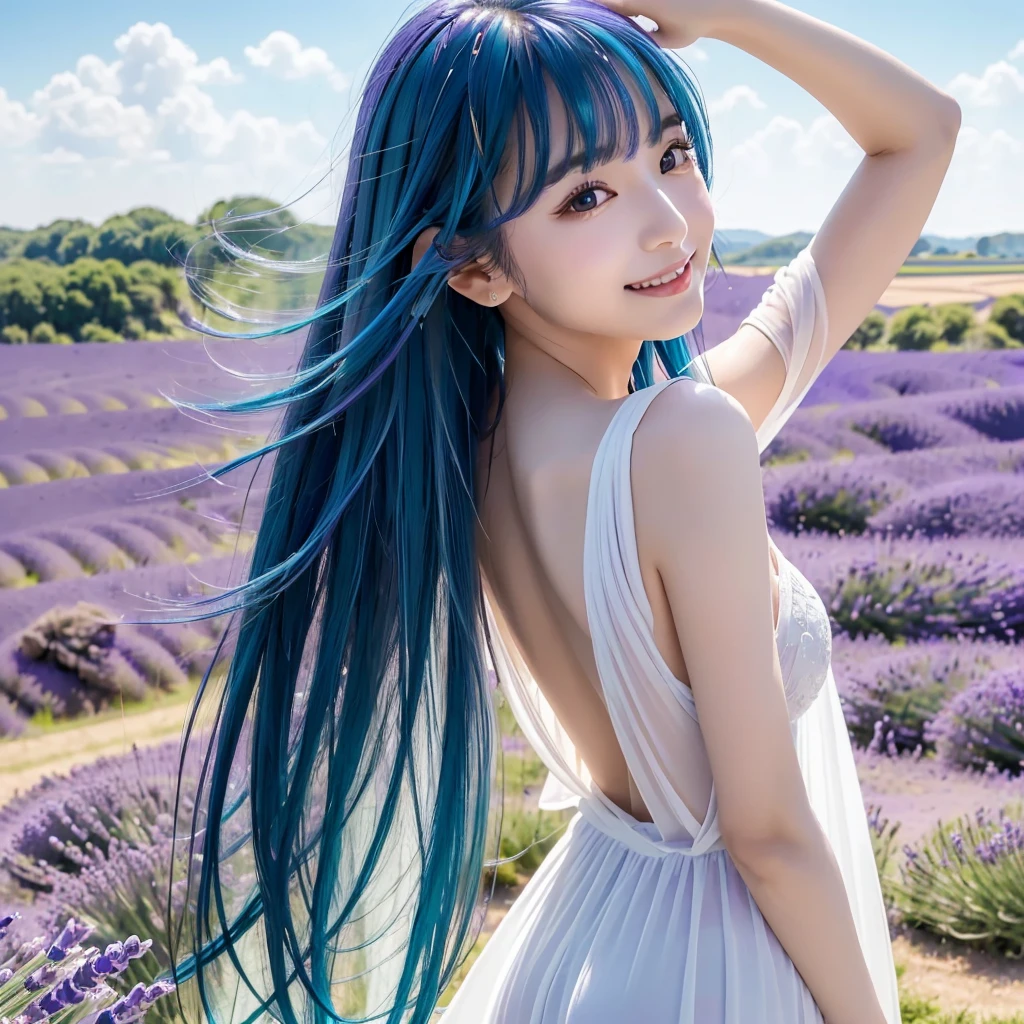 (Highest quality, 32K, High resolution, Masterpiece:1.5), marimo_jet, god々A photograph with brilliant dazzling and healing power., Evoking a sense of calm and elusive beauty, Expressing emotions, Have a rich imagination, Beautiful Japanese Girls, 1 person, An exceptionally beautiful face, ((Looking back:1.4)), Small Face Beauty, , Perfect Human Anatomy, Magical big eyes, Motherhood and generosity, Deep Love, fleeting smile, (shiny blue hair:1.2), Super long hair swaying in the wind, Asymmetrical bangs, Hair between the eyes, Transparent, soft white skin, Sharp eyebrows, Thin lashes, ((Natural Makeup:1.3)), White dress, High resolutionの完璧な鎖骨, High resolutionの美しい胸元, Slim figure with ample breasts, High resolutionの美しい太もも, ((Distant Horizon:1.5)), ((Lavender fields stretching to the horizon:1.3)), Beautiful detailed blue sky, Professional photographer, Professional Lighting, Professional models