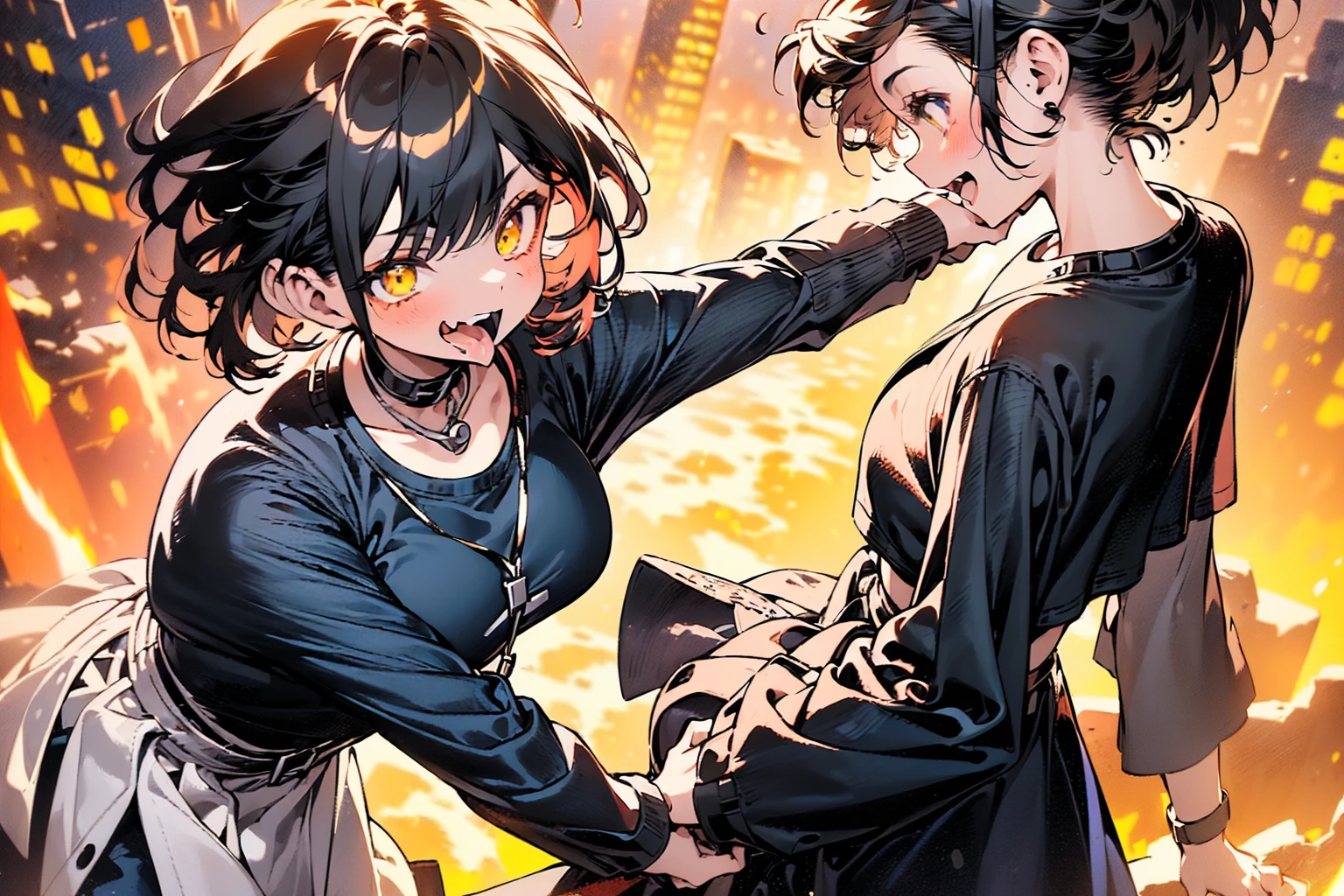 ((1 GIRL)) ((High Resolution)) ((10k,asian girl)), ((Japanese)) (( physically mature female)) (( average sized breasts)), 25-year-old, (( 2d anime girl)), ((short dark-haired)), ((windswept hair)) ((ultra high quality))((flawless))((4k UHD)) ((Best Quality)) ((Daytime)) ((eyes glowing yellow )), wearing a ((black long sleeve shoulderless, blank T-shirt)) wearing ((blue jeans)) and black and yellow sneakers with (((blood splattered))) on it and her face, standing in the street ((facing front and center turned toward the camera)) in a ((ruined city)) filled with ((heavily damaged)) and worn (( tall skyscrapers with gaping holes in their structures while on fire)) and ((crushed vehicles on fire)) ((city in ruins)) and small and ((raging fires all around)) and an ((intimidating)) look on her face.