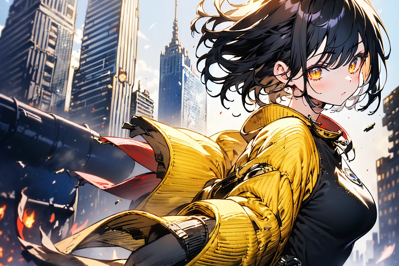((1 GIRL)) ((High Resolution)) ((10k,asian girl)), ((Japanese)) (( physically mature female)) (( average sized breasts)), 25-year-old, (( 2d anime girl)), ((short dark-haired)), ((windswept hair)) ((ultra high quality))((flawless))((4k UHD)) ((Best Quality)) ((Daytime)) ((eyes glowing yellow )), wearing a ((black long sleeve shoulderless, blank T-shirt)) wearing ((blue jeans)) and black and yellow sneakers with (((blood splattered))) on it and her face, standing in the street ((facing front and center turned toward the camera)) in a ((ruined city)) filled with ((heavily damaged)) and worn (( tall skyscrapers with gaping holes in their structures while on fire)) and ((crushed vehicles on fire)) ((city in ruins)) and small and ((raging fires all around)) and an ((intimidating)) look on her face.