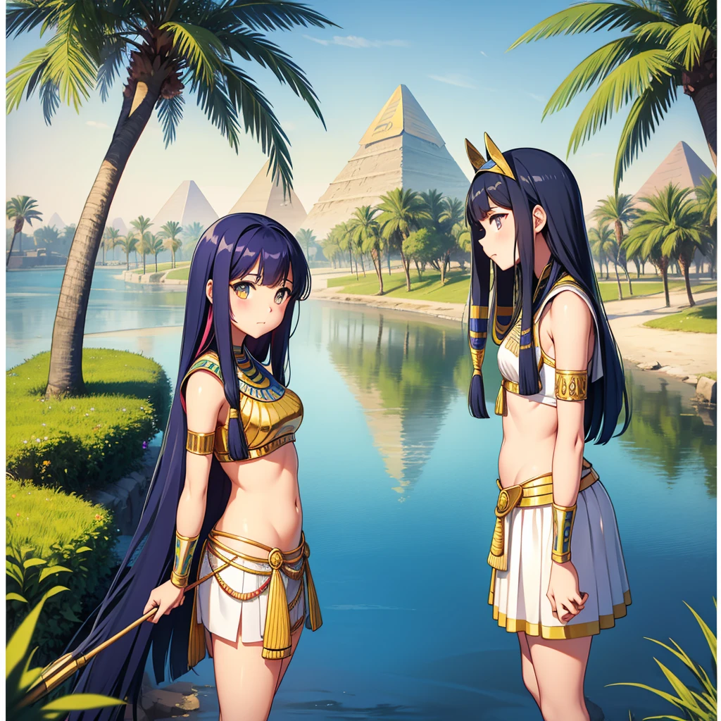 かわいいAncient Egyptの15歳の女の子、Ancient Egypt、View of the Nile、A colorful view of the whole、whole body、Low - Angle、Standing posture、Reeds are growing、Ancient Egyptの船、Ancient Egyptの風景