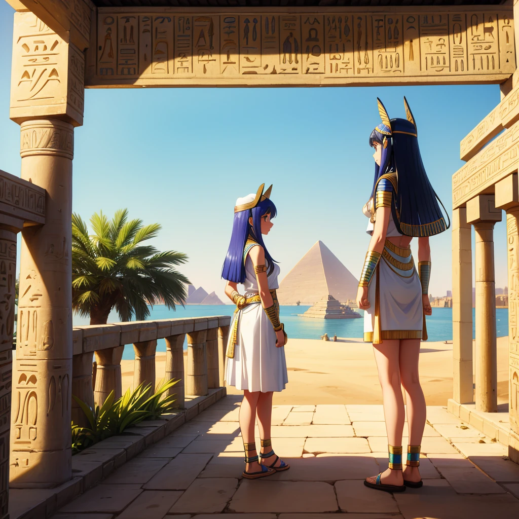 かわいいAncient Egyptの15歳の女の子、Ancient Egypt、View of the Nile、A colorful view of the whole、whole body、Low - Angle、Standing posture、Reeds are growing、Ancient Egyptの船、Ancient Egyptの風景
