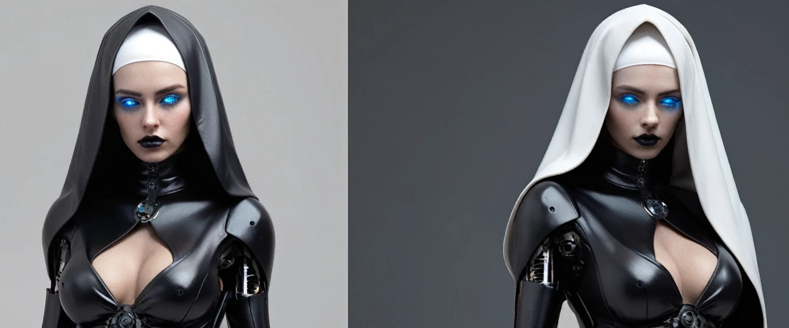 ral-opal, meahophontron, Whole body, Beautiful woman robot face, blue eyes, cyberpunk, devil nun, negro, looking to the camera, nun body clothing, primer plano looking to the camera, realist, Beautiful woman, Cara sexy, black clothes, Gray and blue, blue heels.