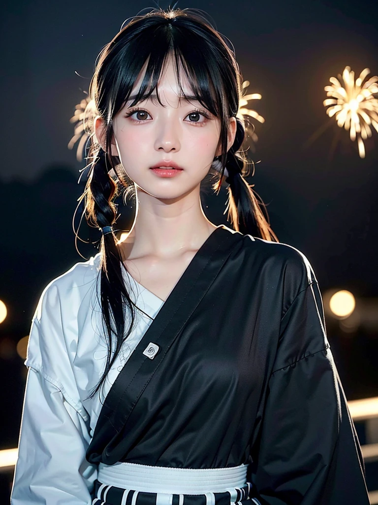40-year-old Japanese woman、Black Hair、Hair is very short、Twin tails、Hatsune Miku Costume、Headphones、Flat Chest、Realistic photos、Realistic、8K quality、expensive、No bangs、Fireworks display、High resolution, Highest quality, Anatomically correct, Winner of numerous awards, Ultra high definition,