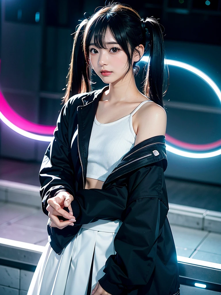 40-year-old Japanese woman、Black Hair、Hair is very short、Twin tails、Hatsune Miku Costume、Headphones、Flat Chest、Realistic photos、Realistic、8K quality、expensive、No bangs、Fireworks display、High resolution, Highest quality, Anatomically correct, Winner of numerous awards, Ultra high definition,