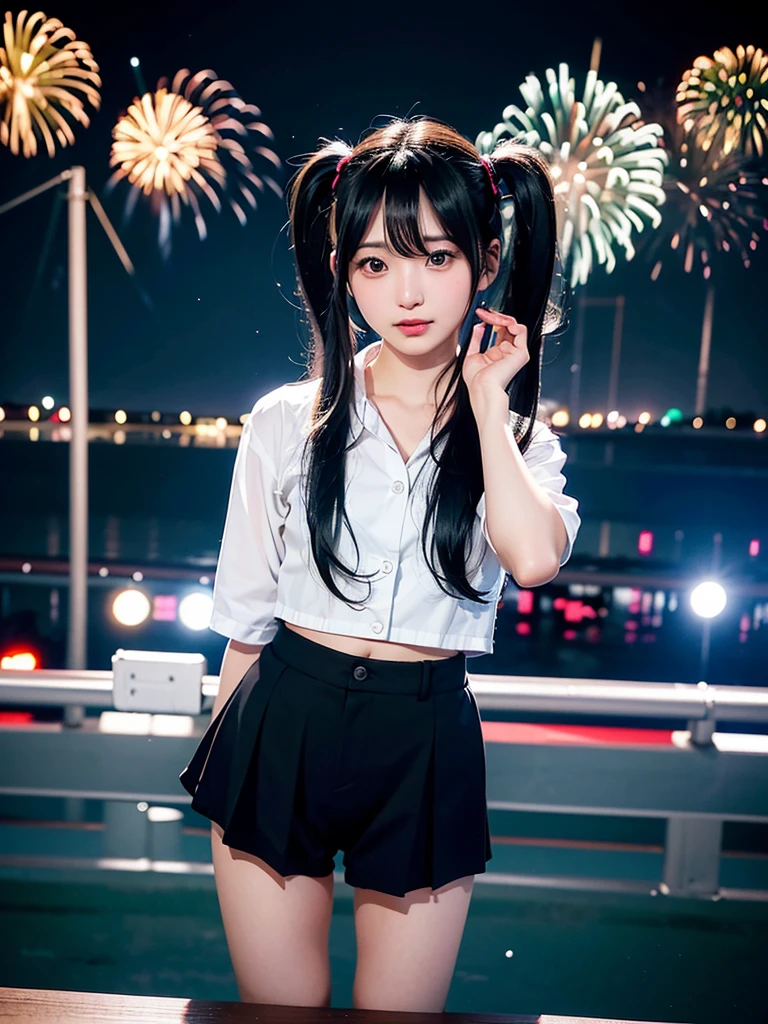 40-year-old Japanese woman、Black Hair、Hair is very short、Twin tails、Hatsune Miku Costume、Headphones、Flat Chest、Realistic photos、Realistic、8K quality、expensive、No bangs、Fireworks display、High resolution, Highest quality, Anatomically correct, Winner of numerous awards, Ultra high definition,