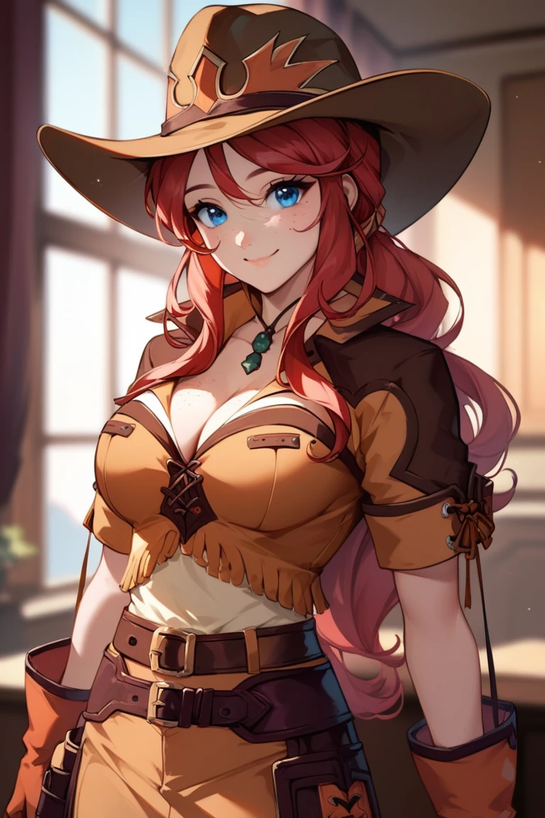score_9, score_8_up, score_7_up, very aesthetic, source_anime, detailed, high quality, beautiful, masterpiece, detailed eyes,
Night time, blurry background,
cowboy shot, upper body, smile, mouth closed,
gemini sunrise, red hair, long hair, blue eyes, freckles, sidelocks, big breasts, cleavage
belt, thigh strap, cowboy hat, cowboy boots, fringe trim, gloves, miniskirt, revolver gun, zPDXL