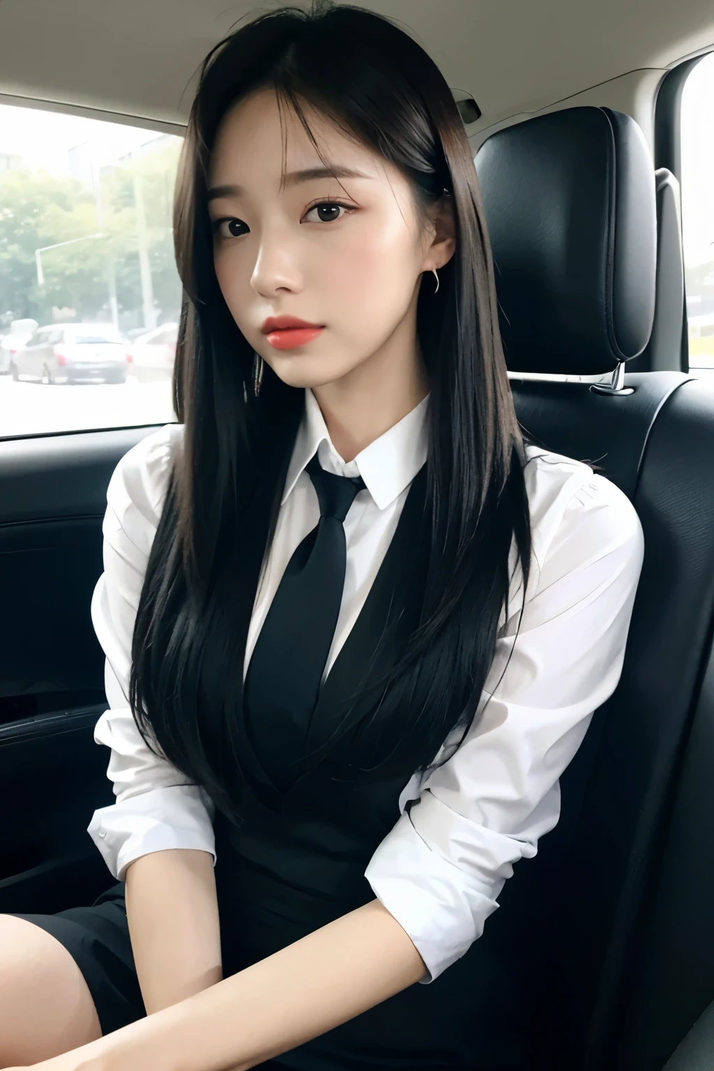 RAW Photos,（8k）、（Highest quality：1.2）、（Realistic）、（Realistic：1.37）、Ultra-high resolution、（1 female、Half Korean and half Ukrainian、80% Korean、45 years old、 (Mid Shot:1.2)Create a picture of a young woman with black bob hair。She was sitting in the car、White shirt and black tie、And she&#39;s wearing a grey cardigan。She smiles sweetly、The seat belt is visible in front of your chest.。The interior of the car can be seen in the background。Outside the car you can see the city of Seoul, Korea.。