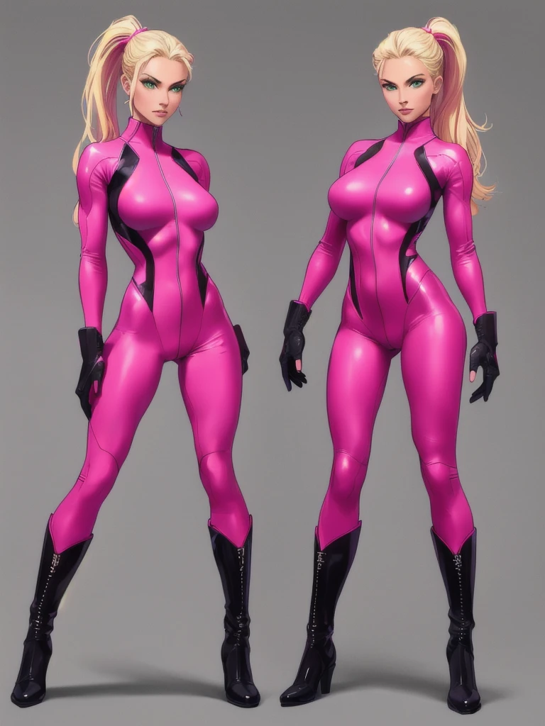 ((best quality)), ((4k)), ((highres)), ((masterpiece:1.2)). ((detailed)), ((ultra realistic)), ((intricate details)), ((full body picture)), ((character design sheet)), ((blank background)), ((standing in a blank background)), full body shot of a beautiful european female, blond beauty, about 21 years old, rosy white skin, red lips, bright smile on her face, about 5'6 ft. tall, perfect face, gorgeous face, blond hair, vivid green eyes, detailed lips, detailed eyes, long ponytail, athletic body, dressed in a skin-tight dark pink bodysuit ((emphasis on her skin-tight dark pink bodysuit)), black boots, ((black boots)), superhero character concept art, lean body frame.
