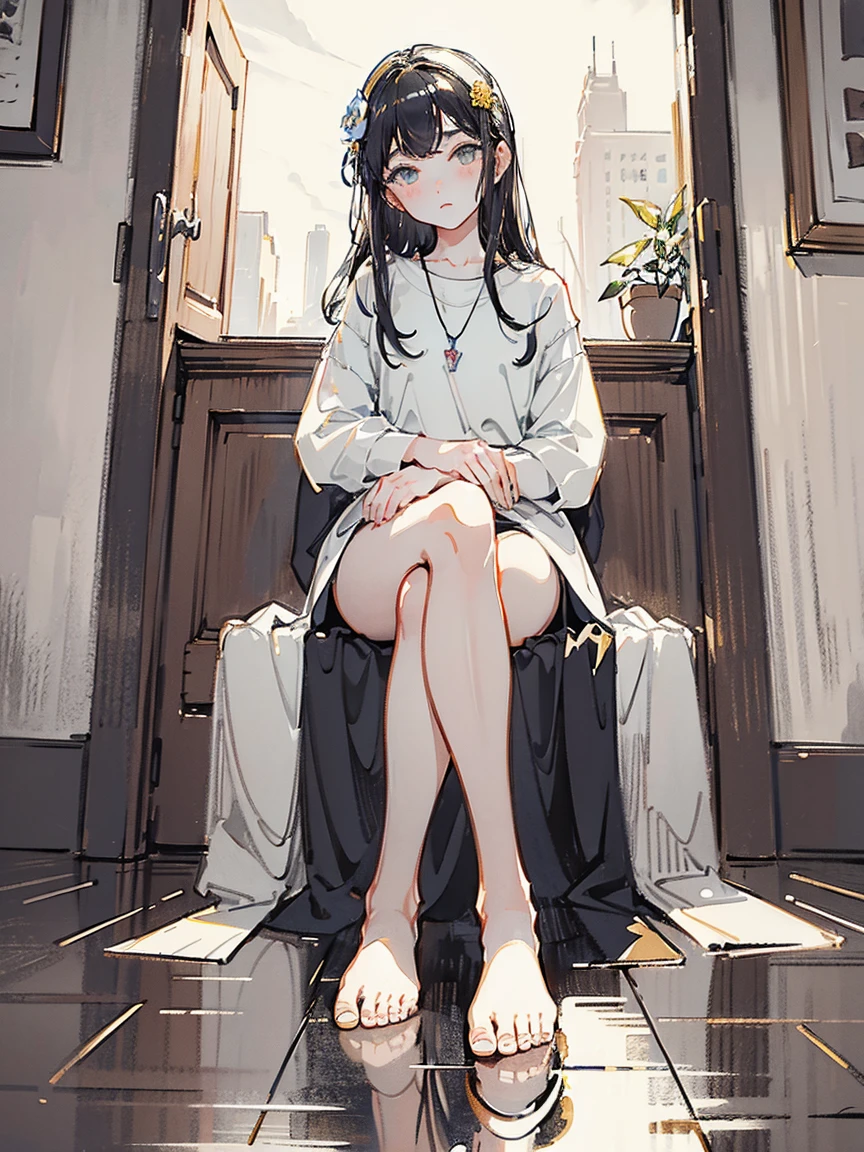 (masterpiece, UHD, detailed illustration) 1girl,solo,bare foot,feet focus,sitting