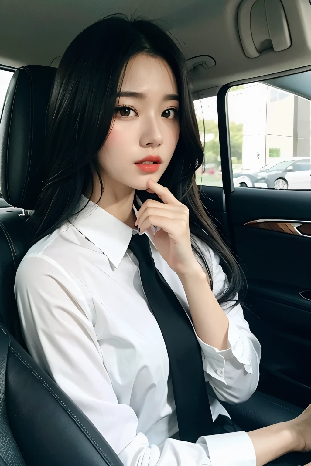 RAW Photos,(8k)、(Highest quality:1.2)、(Realistic)、(Realistic:1.37)、Ultra-high resolution、(1 female、Half Korean and half Ukrainian、80% Korean、45 years old、 (Mid Shot:1.2)Create a picture of a young woman with black bob hair。She was sitting in the car、White shirt and black tie、And she's wearing a grey cardigan。She smiles sweetly、The seat belt is visible in front of your chest.。The interior of the car can be seen in the background。Outside the car you can see the city of Seoul, Korea.。