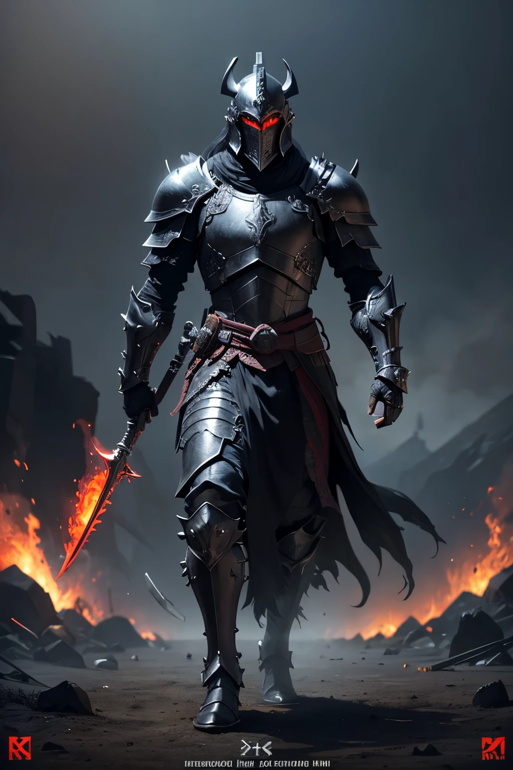 Black smoke red eye warrior, concept-art, Fantasy art, battleground background, clean render, Wear a suit of armor, Detailed bushido form smoke, helmet of a forgotten deity, character is standing, 8k Realistic, in game render, detailed face background detail, Art station front page, taur, medieval fantasy, detailed black armor, black spikes armor, black etched armor, black obsidian armor, dark magic armor, A demonic warrior, Intricate assasin armor, Intricate metal armor, powerful warrior, The helmet has a large crown,Glowing red eyes, Everything is in the dark, The smoky background hints at the battle scene, Add an ominous aura to his character,submission, Full body shot.