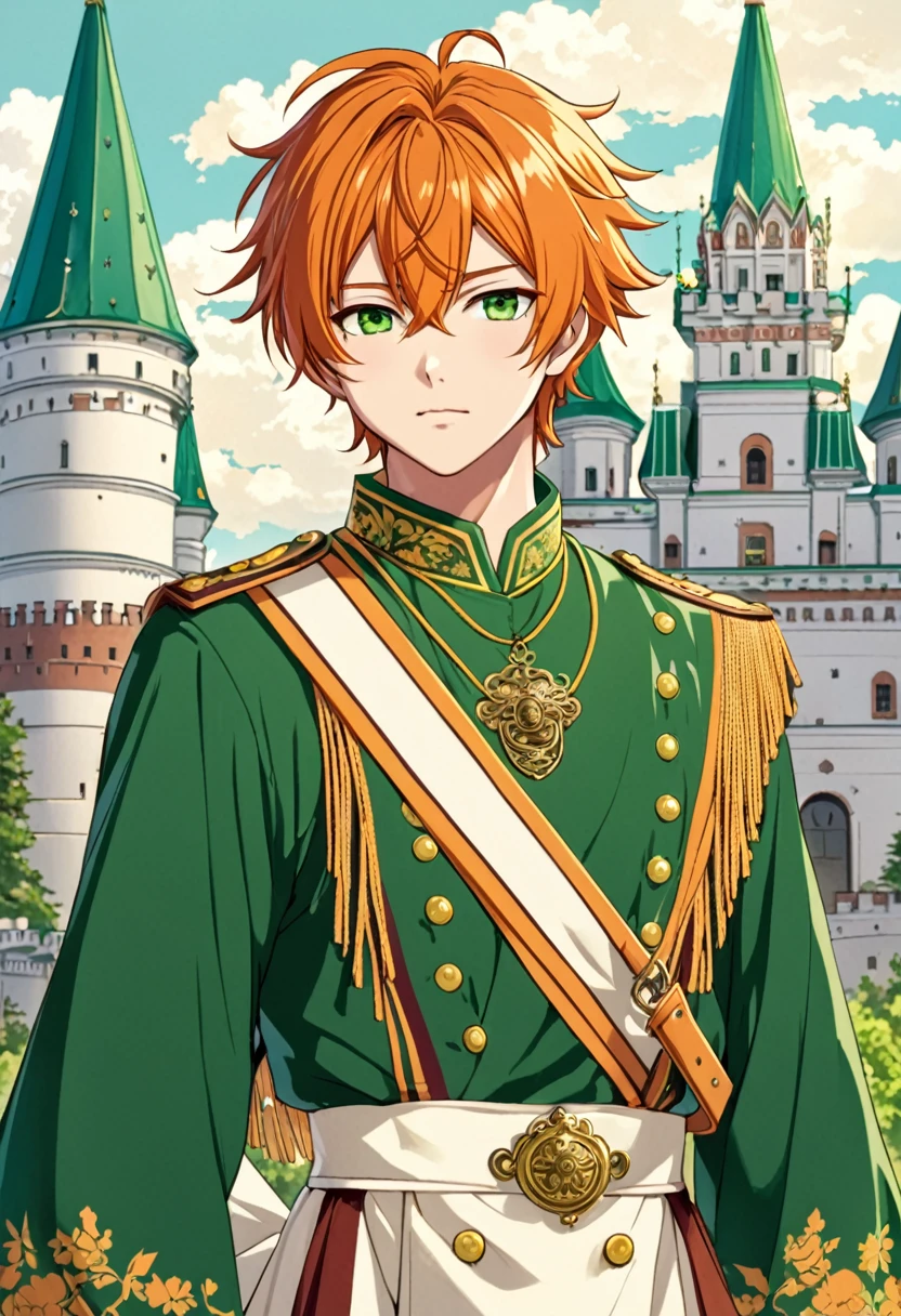 Anime boy (character: Akito Shinonome), orange messy hair, fringe reparted in three parts with a yellow lock of hair on the middle, light and bright green eyes, vintage royal Russian clothes, Russian castle background