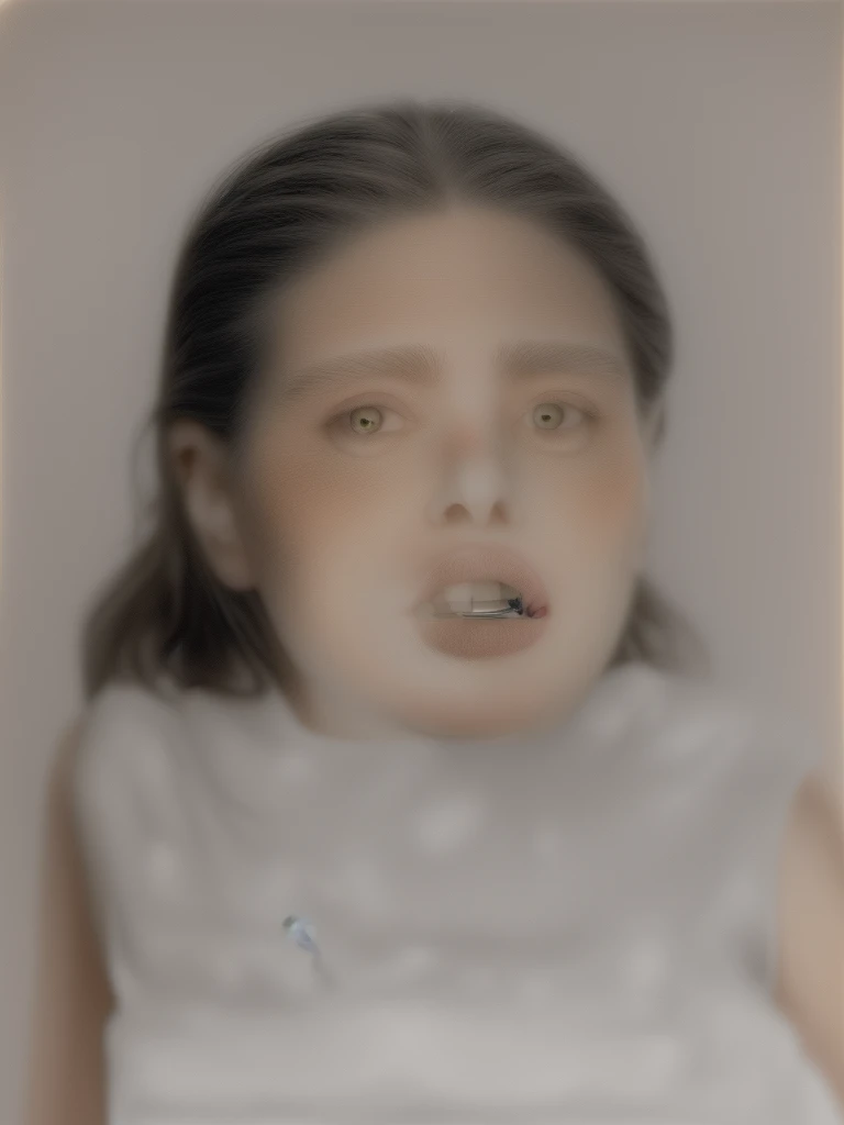 there is a Youngh with a toothbrush in her mouth, Hybrid child, Little , chin cleft, ancient libu Youngh, nasty , cursed image, realistic restored face, realistically rendered face, patricia piccinini, digitl art, but photo, highly detailed vfx portrait, Youngh, realistic hybrid of face and body, Real human face, enhanced face