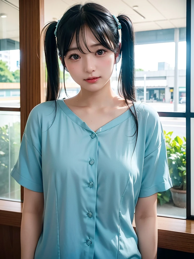 40-year-old Japanese woman、Black Hair、Hair is very short、Twin tails、Hatsune Miku Costume、Headphones、Flat Chest、Realistic photos、Realistic、8K quality、expensive、No bangs、Cafe Terrace、High resolution, Highest quality, Anatomically correct, Winner of numerous awards, Ultra high definition, 