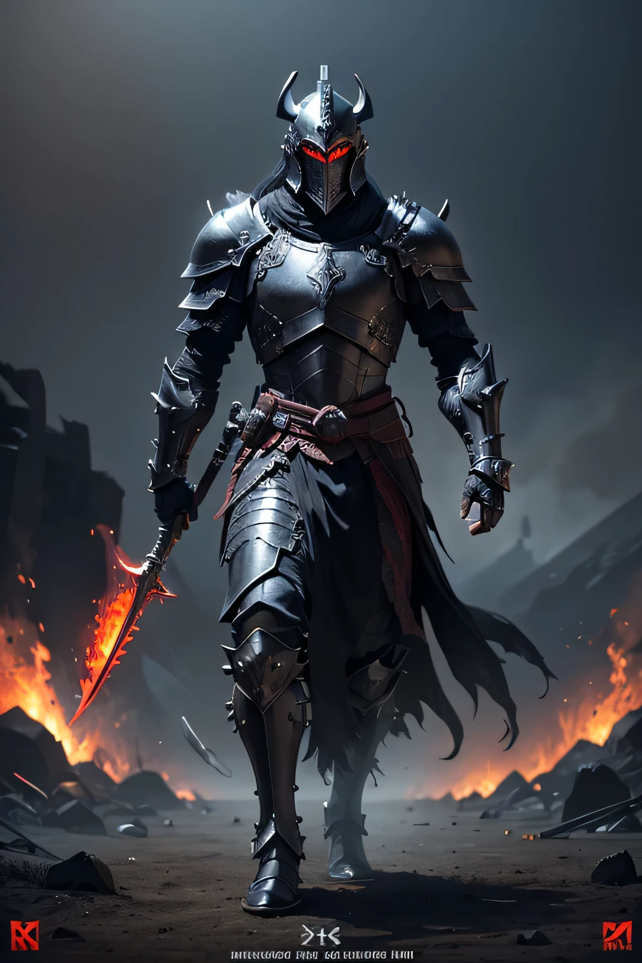 Black smoke red eye warrior, concept-art, Fantasy art, battleground background, clean render, Wear a suit of armor, Detailed bushido form smoke, helmet of a forgotten deity, character is standing, 8k Realistic, in game render, detailed face background detail, Art station front page, taur, medieval fantasy, detailed black armor, black spikes armor, black etched armor, black obsidian armor, dark magic armor, A demonic warrior, Intricate assasin armor, Intricate metal armor, powerful warrior, The helmet has a large crown,Glowing red eyes, Everything is in the dark, The smoky background hints at the battle scene, Add an ominous aura to his character,submission, Full body shot.