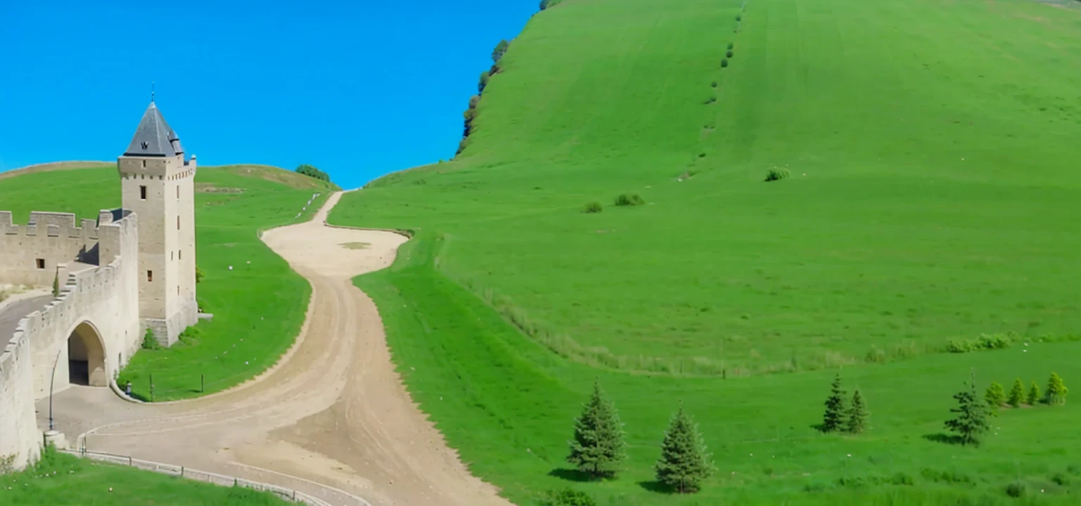 On the left is part of the castle, On the right is the forest, sandy road in the middle