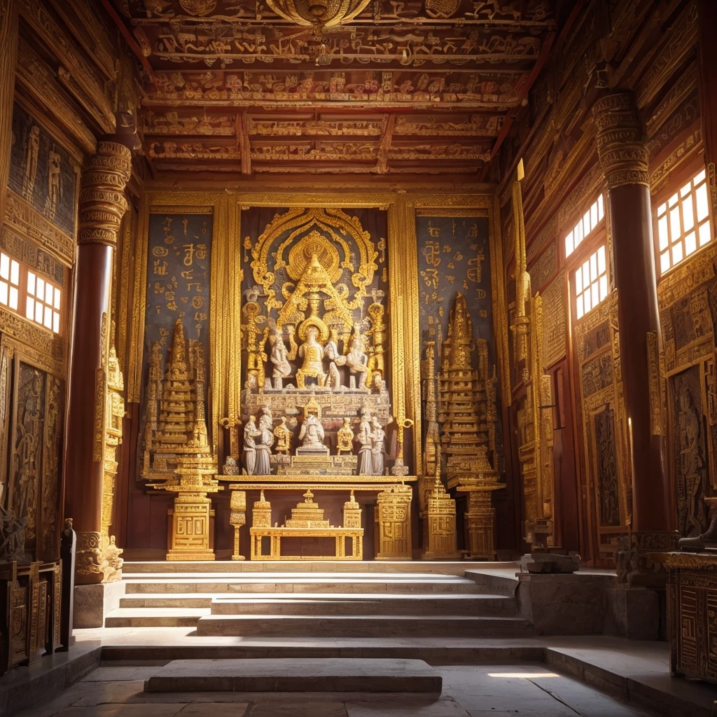 image of the interior of a temple with various symbols, drawings and sacred statues to perform a ritual