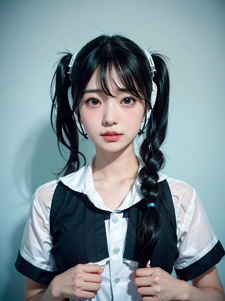 40-year-old Japanese woman、Black Hair、Hair is very short、Twin tails、Hatsune Miku Costume、Headphones、Flat Chest、Realistic photos、Realistic、8K quality、expensive、No bangs、Beach、High resolution, Highest quality, Anatomically correct, Winner of numerous awards, Ultra high definition, 