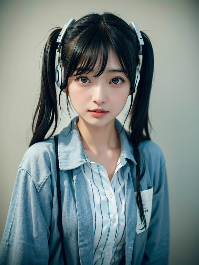 40-year-old Japanese woman、Black Hair、Hair is very short、Twin tails、Hatsune Miku Costume、Headphones、Flat Chest、Realistic photos、Realistic、8K quality、expensive、No bangs、Beach、High resolution, Highest quality, Anatomically correct, Winner of numerous awards, Ultra high definition,