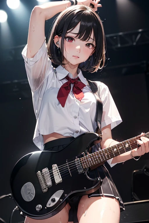 (((NSFW)))、((Masterpiece, Highest quality、Super detailed, Attention to detail))、Tabletop、girl、((high school girl、Black Hair、Short Hair、Slit eyes、Red Eyes、eight-headed body、Model-like style、Slender、School uniforms))、(White Shirt、Black Skirt、Black knee-high socks、Black Loafers)、Silver earringultiple silver accessories、Silver Ring、Silver Ring、bandギャル、(((Red electric guitar)))、(((liveハウス、live、band、Dim lighting、Standing and playing guitar)))、((live中、Playing the guitar、In front of the audience))、((No bra、No underwear))、(((Sweating a lot、Sweat dripping、Sweat vapor)))、(((Body odor)))、((Sweaty smell、Clothes get wet、Sweat stains))、((((Love juice overflows from the vagina))))、(Angle from below、I can see the vagina)、((Skirt flipped up))