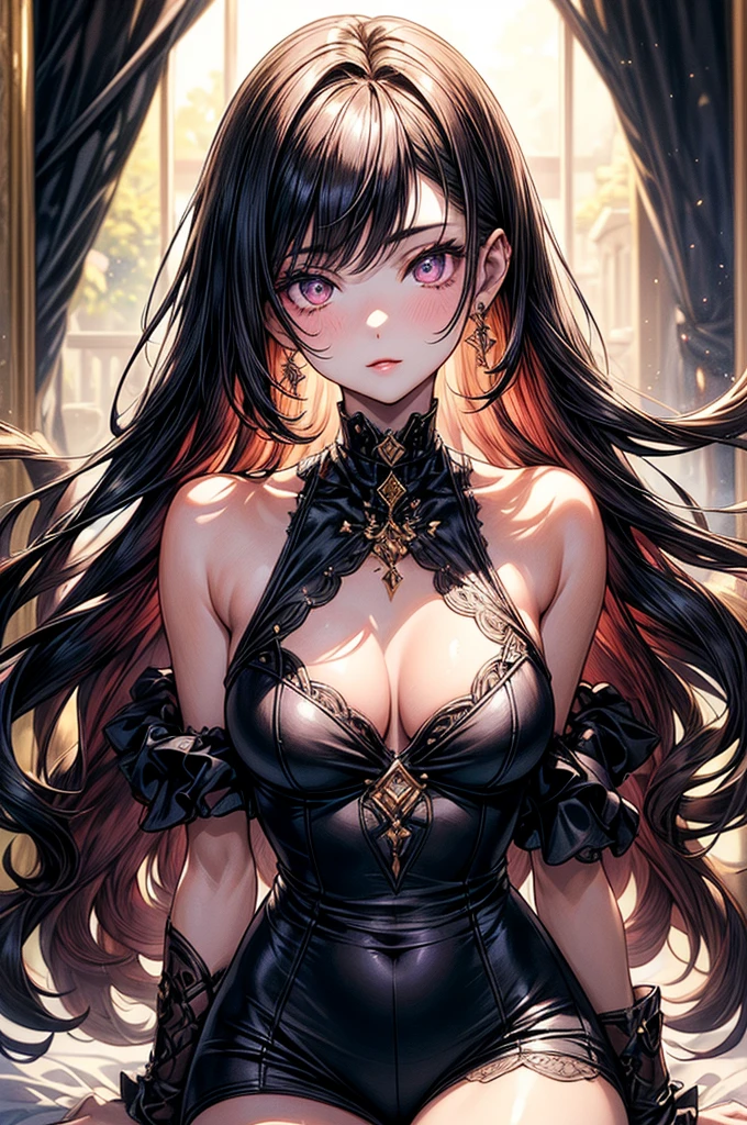 ((highest quality)),(ultra high resolution),(Super detailed),(detailed description),((best CG)),(best work of art),super precision art, great drawing art,(Art with precise details:1.5), (ung girl:1.5), beautiful and well-shaped face:1.5,(Beautiful skin with precise and detailed depiction:1.6),(sleeveless halter neck sports bra and elastic waist band shorts ),gorgeous, masterpiece, best quality, high-resolution, finely detailed, extremely detailed and beautiful, distinct-image, 1 girl, 16 year old teen, solo, sharp facial features, oval shaped face. cherry pink lips, lightly tanned white skin. velvet-colored eyes, C-cup breasts, tall height(175cm), slim yet chiseled body type, short shoulder length dark violet-black hair, small narrow waist, long and slender legs, curvy wide hips, elegant gothic courtyard setting