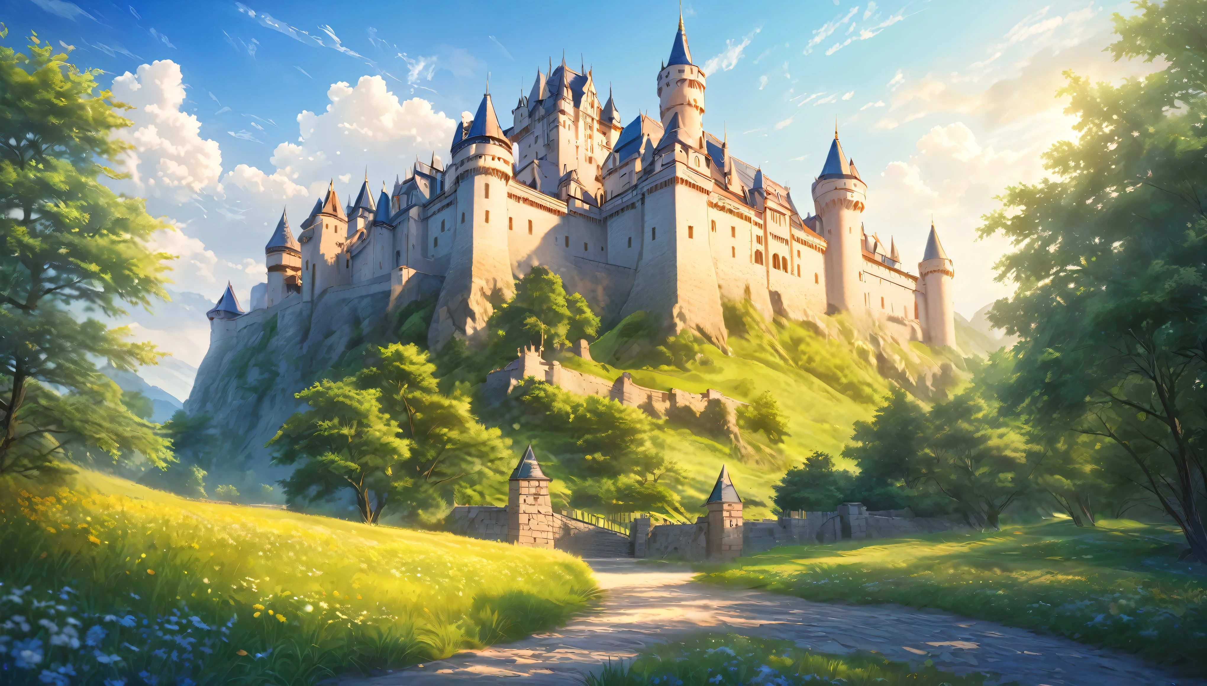 Western-style castle,nature,Summer sky,Blur the background,Highest quality, 8k, High resolution, masterpiece:1.2, Very detailed, Realistic:1.37, High resolution, 超High resolution, Ultra-fine painting, Very detailed, Professional, Vibrant colors
