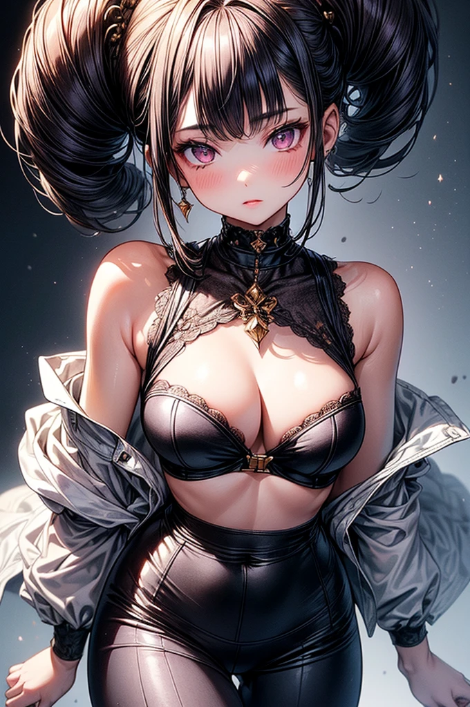 ((highest quality)),(ultra high resolution),(Super detailed),(detailed description),((best CG)),(best work of art),super precision art, great drawing art,(Art with precise details:1.5), (ung girl:1.5), beautiful and well-shaped face:1.5,(Beautiful skin with precise and detailed depiction:1.6),(sleeveless halter neck sports bra and elastic waist band shorts ),gorgeous, masterpiece, best quality, high-resolution, finely detailed, extremely detailed and beautiful, distinct-image, 1 girl, 16 year old teen, solo, sharp facial fs, oval shaped face. cherry pink lips, lightly tanned white skin. velvet-colored eyes, C-cup breasts, tall height(175cm), slim yet chiseled body type, short shoulder length dark violet-black hair, small narrow waist, long and slender legs, curvy wide hips, elegant gothic courtyard setting