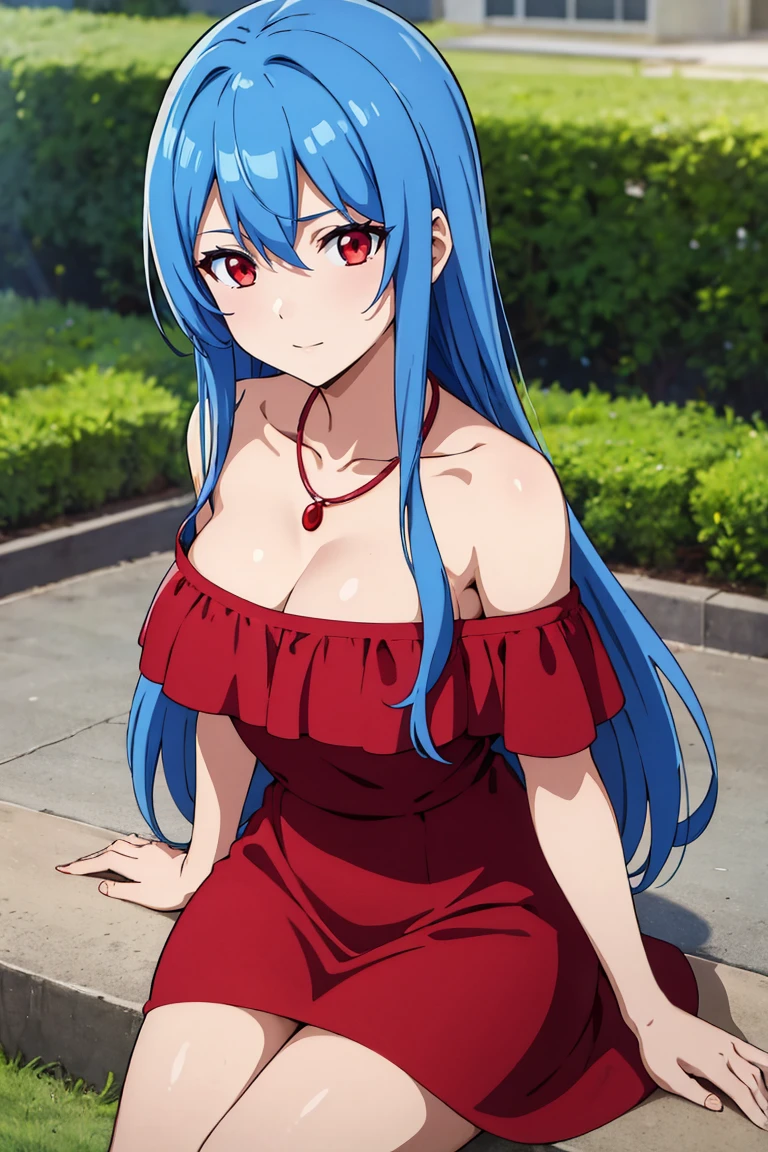 (artwork, best quality) a girl with long blue hair, red eyes, medium breasts, red off-shoulder dress, necklace, happy, in a school yard