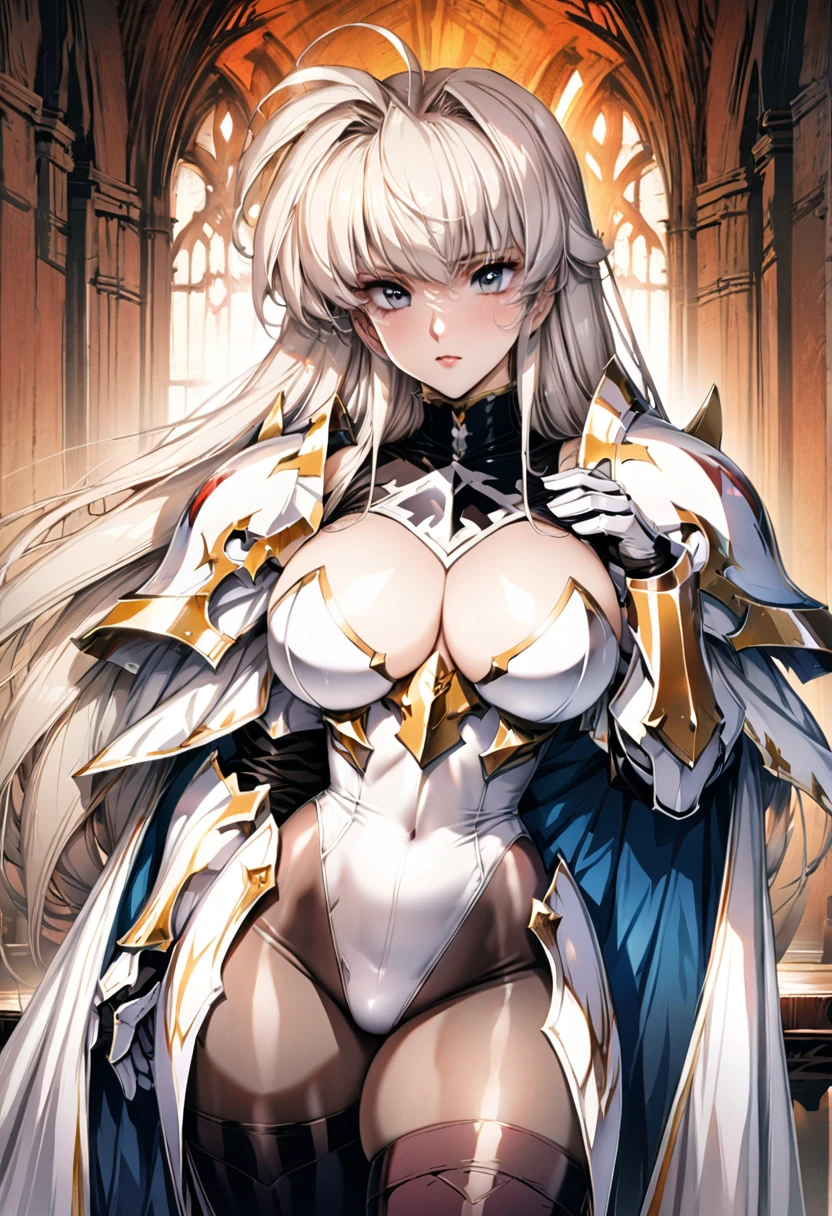 ((highest quality)), ((masterpiece)), ((hyperrealistic)), (detailed background), 1girl, ((curvy: 1.2)), (shoot from side), paladin, (( lame leotard)), ((catsuit leotard)), (paladin armor), cloak de cour, gauntlet, gloves, white hair, ahoge, (large breasts), (see-through cleavage cutout), (zettai ryouiki black thigh high socks), (see-through pantyhose thighs), (pantyhose groin area), beautiful eyes, perfect face, Perfect hands, perfect fingers, Blue sky and grassland,