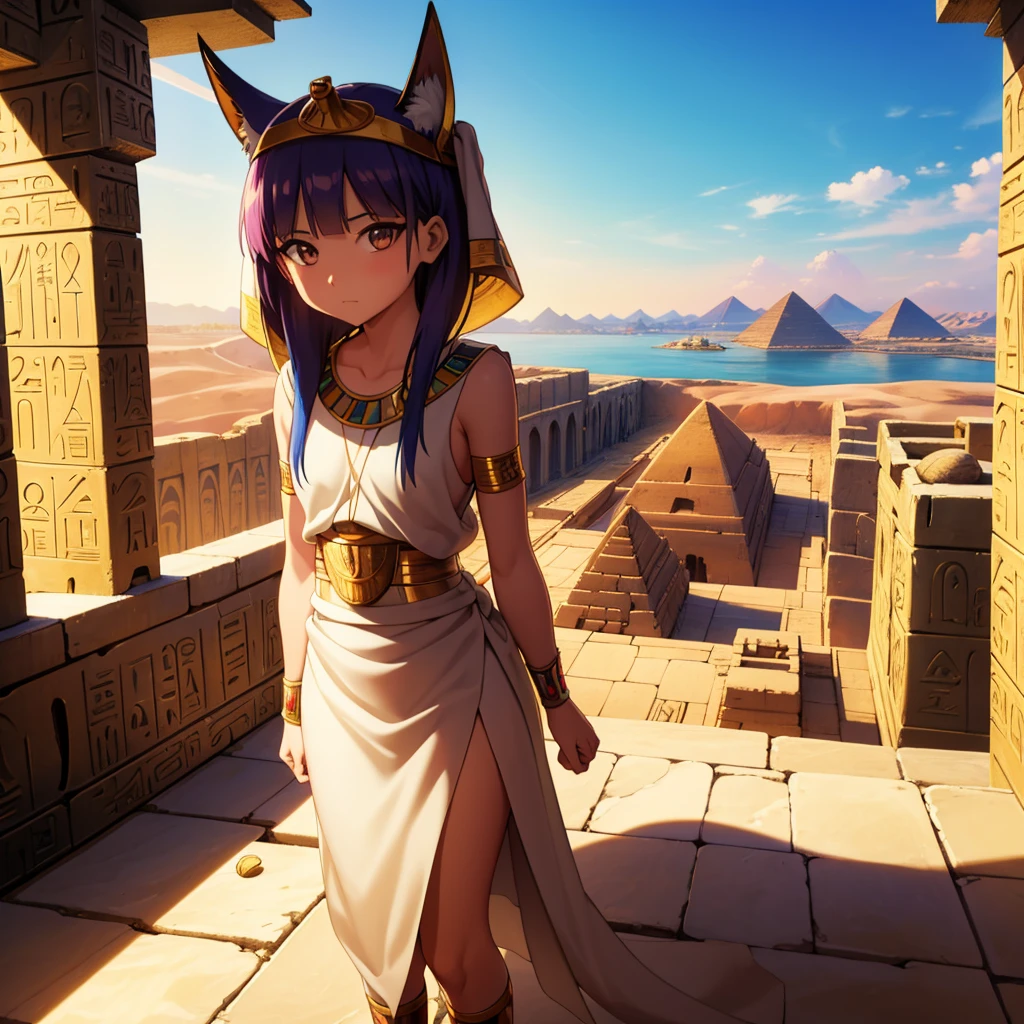 かわいいAncient Egyptの*******、Ancient Egypt、View of the Nile、A colorful view of the whole、whole body、Low - Angle、Standing posture、Reeds are growing、Ancient Egyptの船、Ancient Egyptの風景
