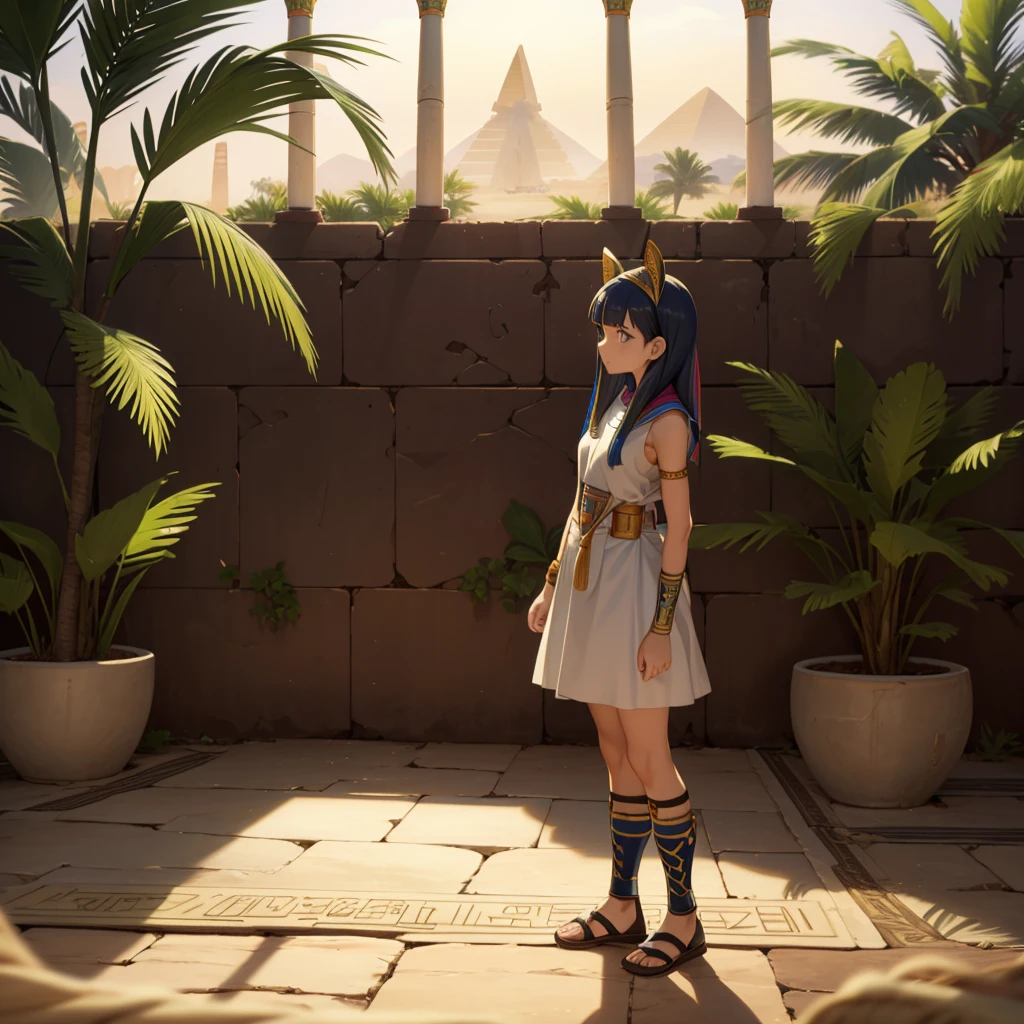 かわいいAncient Egyptの15歳の女の子、Ancient Egypt、View of the Nile、A colorful view of the whole、whole body、Low - Angle、Standing posture、Reeds are growing、Ancient Egyptの船、Ancient Egyptの風景