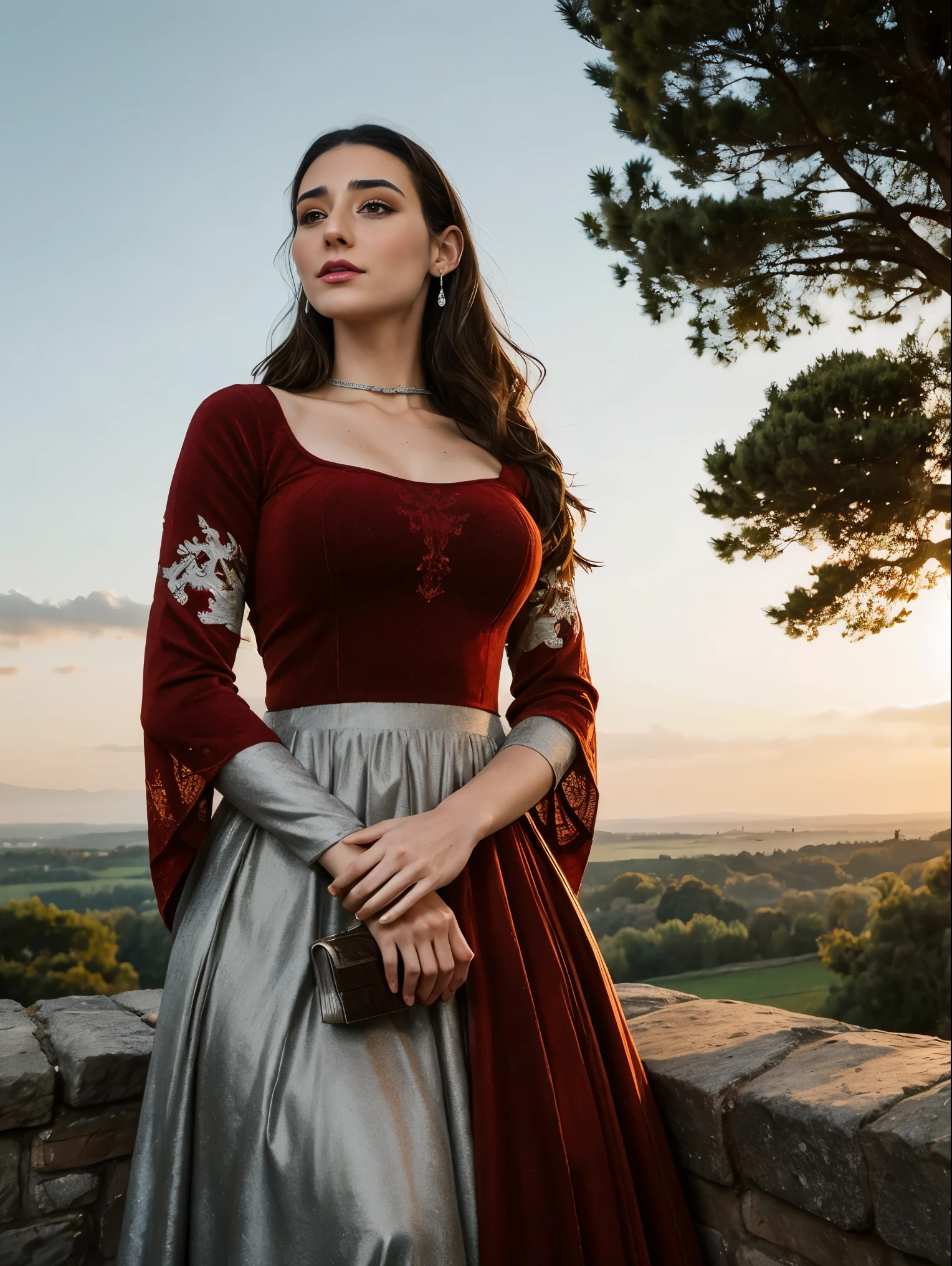 Beautiful and regal, imperious and aloof, busty athletic (thin) brunette queen with sharp facial features wearing a modest updo, dark red medieval dress, long sleeves, intricate patterns, scrollwork, wide neck, crown, veil, long dress, tight bodice, (silver waist chain), medieval jewelry, Middle Ages, castle, rampart, wall, exterior, on top of a castle wall, trees, countryside, evening, sunset.